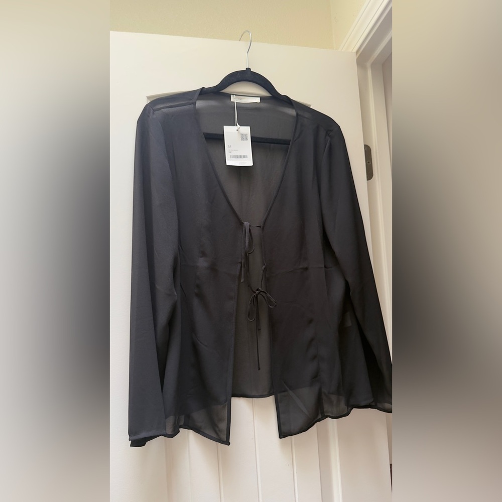 OAK + FORT Black Sheer Tie-Front Top